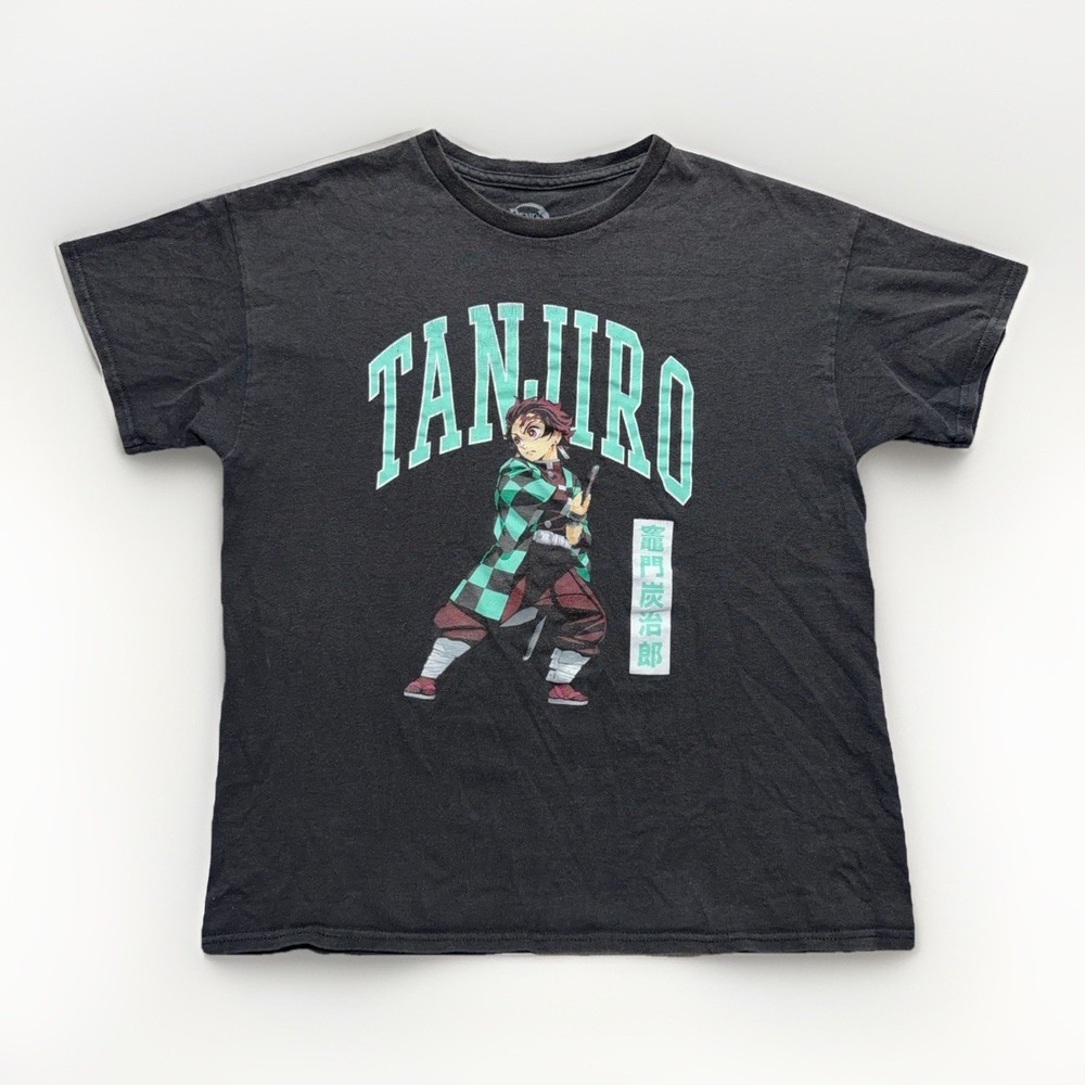Demon Slayer Tanjiro Kamado Mens S Anime Graphic Tee Kanji Shonen Faded Black